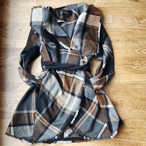 (M) Lady Dutch Black & Brown Wrap Jacket Elegant Design Fall Modern Fringe Cozy